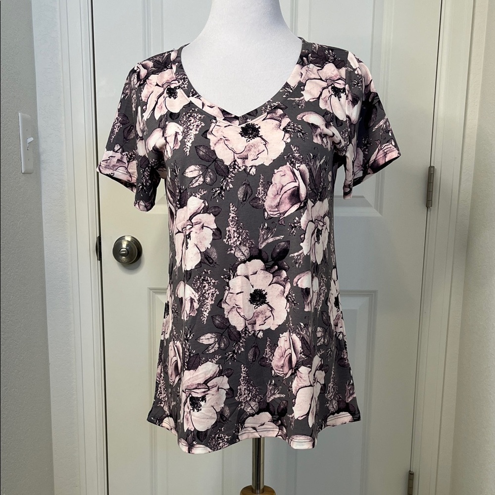 LuLaRoe Christy Gray Pink Floral V Neck Swing Top Medium 10-12